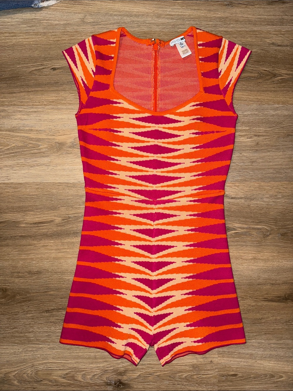Fashion Nova Orange Pink Patterned Knit Romper